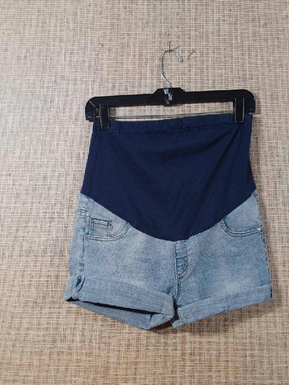 d. jeans Light Blue Denim Maternity Shorts with Navy Stretch Waistband